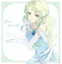 Rule 34 | 10s, 1girl, alternate costume, blonde hair, blue eyes, blush, braid, breasts, character name, diana cavendish, dress, ekita kuro, jewelry, little witch academia, long hair, looking at viewer, necklace, solo