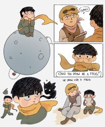 Rule 34 | 2boys, black hair, blonde hair, child, closed mouth, comic, commentary, cosplay, cutystuffy, ekubo (mob psycho 100), english commentary, english text, flower, goggles, goggles on head, highres, holding, holding notepad, kageyama shigeo, le petit prince, long sleeves, looking at another, male focus, mob psycho 100, multiple boys, notepad, on mini planet, open mouth, prince (le petit prince), prince (le petit prince) (cosplay), reigen arataka, rose, scarf, short hair, simple background, sitting, smile, speech bubble, watering can, white background, yellow scarf