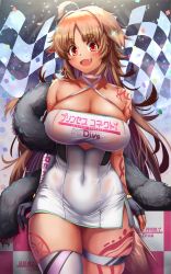 Rule 34 | 1girl, b-pang, black gloves, blush, breasts, brown eyes, brown hair, checkered flag, cleavage, copyright name, criss-cross halter, dark-skinned female, dark skin, fang, fingerless gloves, flag, fur shawl, gloves, halterneck, highres, kaori (princess connect!), large breasts, looking at viewer, open mouth, princess connect!, race queen, shawl, smile, solo, tan, tattoo