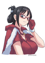 Rule 34 | 1girl, adjusting eyewear, alternate costume, aosora2823, artist name, black eyes, black hair, blush, breasts, cape, christmas, closed mouth, commentary, cropped torso, embarrassed, english commentary, from below, frown, fur-trimmed cape, fur-trimmed gloves, fur trim, glasses, gloves, grey eyes, hair ornament, highres, large breasts, looking at viewer, medium hair, nape, nose, one piece, portrait, red-framed eyewear, red cape, red gloves, red shirt, shirt, short sleeves, simple background, solo, tashigi, twitter username, v-shaped eyebrows, wavy mouth, white background, white fur