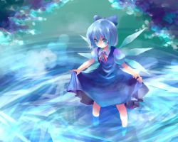 Rule 34 | 1girl, bad id, bad pixiv id, blue eyes, blue hair, cirno, clothes lift, dress, dress lift, embodiment of scarlet devil, female focus, kobanzame, looking down, matching hair/eyes, short hair, solo, touhou, wading, water, wings