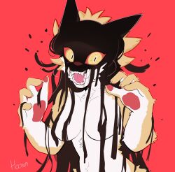 Rule 34 | 1girl, animal ears, animal nose, body fur, collarbone, colored sclera, constricted pupils, dream tiger (govy9807), fangs, fewer digits, furry, furry female, hair censor, hands up, highres, hoowa024, liquid, looking at viewer, nude, open mouth, orange fur, original, pawpads, personification, red background, red sclera, sharp teeth, simple background, slit pupils, solo, teeth, tiger girl, upper body, white fur, yellow eyes
