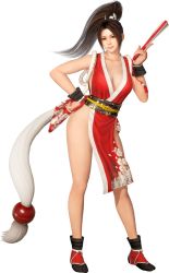 Rule 34 | 1girl, 3d, bare shoulders, breasts, cleavage, closed mouth, collarbone, dead or alive, dead or alive 6, fatal fury, floral print, folded fan, folding fan, full body, hand fan, hand on own hip, high ponytail, highres, holding, japanese clothes, lips, looking at viewer, medium breasts, ninja, obi, official art, parted bangs, pelvic curtain, ponytail, revealing clothes, rope, sash, shiranui mai, simple background, sleeveless, smile, solo, standing, the king of fighters, thighs, white background