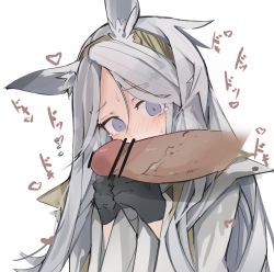 Rule 34 | 1boy, 1girl, animal ears, arknights, bar censor, black gloves, blush, censored, disembodied penis, erection, fingerless gloves, flying sweatdrops, gloves, green hairband, grey hair, grey shirt, hairband, hands up, heavyrain (arknights), highres, horse ears, long hair, looking at penis, mikozin, penis, penis awe, purple eyes, shirt, simple background, solo focus, sound effects, tearing up, upper body, veins, veiny penis, white background