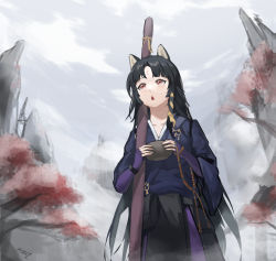 Rule 34 | 1girl, absurdres, animal ears, arknights, black hair, black kimono, bowl, brown eyes, commentary request, cowboy shot, dog ears, fingerless gloves, gloves, highres, holding, holding bowl, japanese clothes, kimono, long hair, long sleeves, outdoors, parted lips, partial commentary, purple gloves, saga (arknights), solo, very long hair, zzq