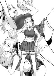Rule 34 | 1girl, absurdres, ass, bare shoulders, bent over, blush, cheerleader, commentary, crop top, greyscale, hair ribbon, hand on own hip, highres, holding, holding pom poms, kyuuso inukami, looking at viewer, medium hair, midriff, miniskirt, monochrome, multiple views, navel, original, panties, pantyshot, pleated skirt, pom pom (cheerleading), pom poms, ribbon, simple background, skirt, tank top, thighhighs, twintails, underwear, upskirt, white background, wrist cuffs, zettai ryouiki