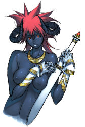 Rule 34 | 1girl, breasts, character request, collar, dark skin, dark-skinned female, demon girl, g-room honten, gauntlets, horns, jewelry, monster girl, necklace, nude, red eyes, red hair, solo, source request, sword, weapon