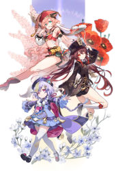 Rule 34 | 3girls, bare legs, bare shoulders, beads, bike shorts, black footwear, black headwear, boots, brown hair, crop top, detached sleeves, flower, genshin impact, green eyes, grin, hair ornament, highres, horns, hu tao (genshin impact), kneehighs, long hair, looking at viewer, mito itsuki, multiple girls, one eye closed, open mouth, pink hair, pom pom (clothes), purple eyes, purple hair, qiqi (genshin impact), red eyes, red footwear, red headwear, short hair, smile, socks, thighhighs, thighs, twintails, white legwear, wide sleeves, yanfei (genshin impact)