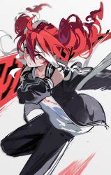 Rule 34 | 1girl, bandaged head, bandages, black pants, closed mouth, drill hair, hair between eyes, highres, jacket, jiu ye sang, kasane teto, long sleeves, looking at viewer, open clothes, open jacket, pants, red eyes, red hair, shirt, simple background, solo, synthesizer v, twin drills, twintails, ultra trailer (synthesizer v), utau, white shirt