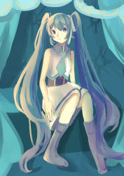 Rule 34 | 1girl, absurdly long hair, absurdres, adapted costume, aqua necktie, bad id, bad pixiv id, bare arms, bare legs, bare shoulders, blue eyes, blue hair, blue ribbon, blue theme, boots, collared shirt, commentary request, curtains, full body, grey shirt, hair ribbon, hatsune miku, head tilt, highres, long hair, minato yukino, necktie, noise, on bed, painting (medium), ribbon, shirt, sitting, sketch, skirt, sleeveless, sleeveless shirt, solo, traditional media, twintails, very long hair, vocaloid, watercolor (medium), white skirt
