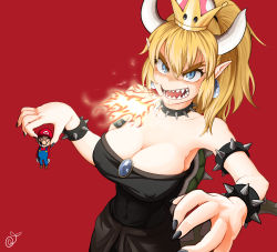 Rule 34 | armlet, black dress, blonde hair, blue eyes, bowsette, bracelet, breasts, breath weapon, breathing fire, cleavage, collar, covered erect nipples, crown, dress, earrings, fingernails, fire, hat, highres, horns, jewelry, karikari ume, koopa shell, large breasts, lizard tail, mario, mario (series), nail polish, navel, new super mario bros. u deluxe, nintendo, overalls, pointy ears, ponytail, sharp fingernails, sharp teeth, spiked armlet, spiked bracelet, spiked collar, spiked shell, spiked tail, spikes, super crown, sweat, tail, teeth