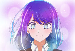 Rule 34 | 1girl, absurdres, blue eyes, blue hair, closed mouth, collared shirt, commentary request, eastman, gradient hair, hair between eyes, highres, kurokawa akane, light particles, looking at viewer, making-of available, medium hair, multicolored hair, oshi no ko, portrait, purple hair, shadow, shirt, smile, solo, star-shaped pupils, star (symbol), symbol-shaped pupils, white shirt
