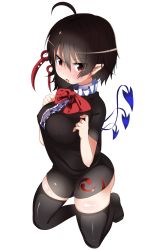 Rule 34 | 1girl, absurdres, ahoge, asymmetrical wings, black hair, black thighhighs, covered erect nipples, fang, highres, houjuu nue, kneeling, pointy ears, red eyes, short hair, solo, takimoto yukari, thighhighs, tongue, tongue out, touhou, transparent background, wings, zettai ryouiki