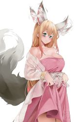 Rule 34 | 1girl, absurdres, animal ear fluff, animal ears, artist request, barcode, barcode tattoo, bare shoulders, blonde hair, blush, breasts, cleavage, collarbone, commission, cowboy shot, dress, ear wiggle, facial tattoo, fox ears, fox tail, green eyes, hair between eyes, highres, jacket, large breasts, long hair, long sleeves, looking at viewer, off shoulder, open clothes, open jacket, original, pink dress, second-party source, sidelocks, simple background, skindentation, solo, standing, strapless, strapless dress, tail, tattoo, very long hair, white background, white jacket