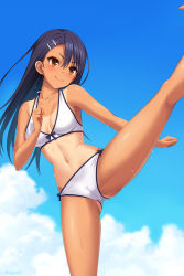Rule 34 | &gt;:), 1girl, bare arms, bare legs, bare shoulders, bikini, black hair, blue sky, blush, breasts, cameltoe, cleavage, closed mouth, cloud, collarbone, commentary, cygnus (cygnus7), day, gluteal fold, hair ornament, hairclip, high kick, highres, ijiranaide nagatoro-san, kicking, long hair, medium breasts, nagatoro hayase, one-piece tan, outdoors, red eyes, sky, smile, solo, standing, standing on one leg, sweat, swimsuit, tan, tanline, v-shaped eyebrows, white bikini