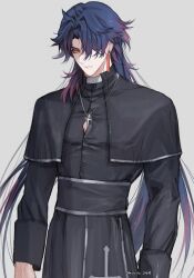Rule 34 | 1boy, arms at sides, artist name, black capelet, blade (honkai: star rail), blue hair, button gap, buttons, capelet, cassock, closed mouth, commentary, cross, cross necklace, curtained hair, dark blue hair, dated, earrings, english commentary, gradient hair, grey background, hair intakes, hair over one eye, highres, honkai: star rail, honkai (series), jewelry, long hair, long sleeves, looking at viewer, male focus, multicolored hair, necklace, one eye covered, parted bangs, priest, red eyes, red hair, serious, shivaille, simple background, solo, sparkle, standing, very long hair