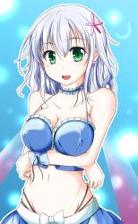 Rule 34 | 10s, 1girl, :d, amagi brilliant park, bikini, bikini top only, blue hair, blue skirt, breast hold, breasts, choker, cleavage, collarbone, crossed arms, covered erect nipples, frilled choker, frills, green eyes, groin, hair between eyes, hair ornament, halterneck, halterneck, highres, large breasts, looking at viewer, muse (amaburi), nanaume (shichimi tougarashi), navel, open mouth, skirt, smile, solo, stomach, swimsuit, upper body