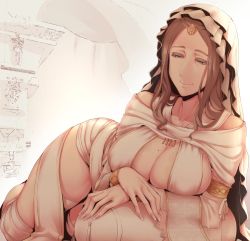 Rule 34 | 1girl, bare shoulders, blue eyes, breasts, brown hair, circlet, cleavage, covered erect nipples, dark souls (series), dark souls i, highres, large breasts, long hair, lying, mole, mole on breast, nakamura regura, on side, queen of sunlight gwynevere, smile, solo, veil