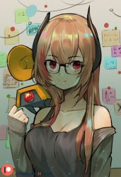 Rule 34 | 1girl, bare shoulders, black-framed eyewear, black shirt, breasts, brown hair, cleavage, closed mouth, collarbone, dinergate (girls&#039; frontline), girls&#039; frontline, glasses, hand up, headgear, hentaki, jacket, large breasts, long hair, long sleeves, looking at viewer, m4 sopmod ii (girls&#039; frontline), multicolored hair, off shoulder, open clothes, open jacket, patreon username, red eyes, red hair, shirt, sleeveless, sleeveless shirt, sleeves past wrists, smile, solo, sparkle, sticky note, streaked hair, upper body