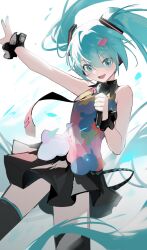 Rule 34 | 1girl, aqua eyes, aqua hair, aqua nails, black thighhighs, hair ornament, hairband, hairclip, hatsune miku, highres, holding, holding microphone, jiu ye sang, long hair, looking at viewer, microphone, music, nail polish, necktie, open mouth, singing, skirt, sleeveless, smile, solo, standing, tell your world (vocaloid), thighhighs, twintails, v, vocaloid