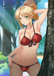 Rule 34 | &gt;:(, 1girl, alternate breast size, arm behind back, arm behind head, armpits, bikini, blush, breasts, cleavage, contrapposto, cowboy shot, fate/apocrypha, fate/grand order, fate (series), front-tie bikini top, front-tie top, gluteal fold, green eyes, groin, groin tendon, highres, hip focus, large breasts, mordred (fate), mordred (fate/apocrypha), mordred (swimsuit rider) (first ascension) (fate), navel, short hair, solo, standing, swimsuit, tree, v-shaped eyebrows, wide sleeves