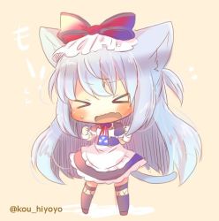 Rule 34 | &gt; &lt;, 1girl, animal ears, apron, azur lane, black dress, black thighhighs, blush, bow, brown background, brown footwear, cat ears, cat girl, cat tail, chibi, clenched hands, closed eyes, dress, facing viewer, fang, flying sweatdrops, full body, hair between eyes, hair bow, hammann (azur lane), hands up, kemonomimi mode, kou hiyoyo, long hair, one side up, open mouth, puffy short sleeves, puffy sleeves, red bow, short sleeves, silver hair, solo, standing, tail, thighhighs, translation request, twitter username, very long hair, wavy mouth, white apron, wrist cuffs