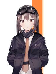 Rule 34 | 1girl, absurdres, black jacket, brown eyes, brown hair, brown necktie, closed mouth, commentary, goggles, goggles on head, hair between eyes, hands in pockets, highres, idemitsu, jacket, long hair, looking at viewer, necktie, open clothes, open jacket, orange background, original, shirt, sidelocks, solo, twintails, two-tone background, white background, white shirt