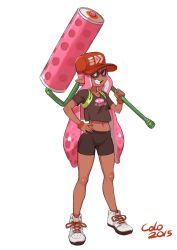 Rule 34 | 1girl, baseball cap, bike shorts, bracelet, breasts, colo (nagrolaz), crop top, crop top overhang, dark-skinned female, dark skin, fang, full body, grin, hat, highres, inkling player character, jewelry, long hair, mask, midriff, monster girl, navel, nintendo, oversized object, paint roller, pink eyes, pink hair, pointy ears, revision, shirt, shoes, small breasts, smile, sneakers, solo, splat roller (splatoon), splatoon (series), t-shirt, tentacle hair, wristband
