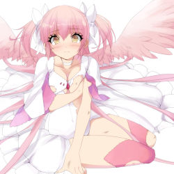 Rule 34 | 1girl, absurdres, bad id, bad pixiv id, breasts, choker, cleavage, collarbone, commentary request, covering privates, covering breasts, dress, frilled dress, frills, gloves, hair ribbon, highres, kaname madoka, long hair, looking at viewer, magical girl, mahou shoujo madoka magica, mahou shoujo madoka magica (anime), medium breasts, misteor, pink hair, pink thighhighs, ribbon, simple background, sitting, solo, thighhighs, torn clothes, torn dress, torn thighhighs, two side up, ultimate madoka, white background, white dress, white gloves, wings, yellow eyes