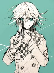 Rule 34 | 1boy, arm belt, buttons, checkered clothes, checkered scarf, closed mouth, cocking gun, commentary request, danganronpa (series), danganronpa v3: killing harmony, double-breasted, green background, green eyes, greyscale with colored background, gun, hair between eyes, handgun, holding, holding gun, holding weapon, jacket, layered sleeves, long sleeves, looking at viewer, male focus, nagichiro, oma kokichi, scarf, short hair, simple background, sketch, smile, solo, spot color, straight-on, upper body, weapon