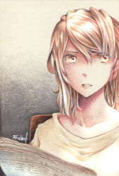 Rule 34 | 10s, 1girl, brown eyes, brown hair, casual, clenched teeth, collarbone, colored pencil (medium), eyelashes, gradient background, highres, kantai collection, littorio (kancolle), long hair, looking to the side, millipen (medium), newspaper, portrait, signature, solo, teeth, tesun (g noh), texture, traditional media