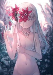 Rule 34 | 1girl, backlighting, bad id, bad pixiv id, breasts, breasts apart, closed mouth, collarbone, colored eyelashes, commentary, detached collar, english commentary, flower, flower eyepatch, flower over eye, groin, highres, long hair, looking at viewer, navel, nude, one eye covered, original, out-of-frame censoring, pink flower, purple eyes, signature, silver hair, small breasts, smile, solo, stomach, twitter username, upper body, watori re