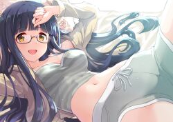 Rule 34 | 1girl, :d, arms up, bespectacled, blue hair, blush, breasts, brown cardigan, camisole, cardigan, cleavage, collarbone, damokan66, glasses, grey camisole, grey shorts, hair down, highres, idolmaster, idolmaster million live!, idolmaster million live! theater days, kitakami reika, large breasts, long hair, looking at viewer, lying, midriff, navel, on back, on bed, open mouth, pillow, semi-rimless eyewear, shorts, smile, solo, spaghetti strap, stomach, striped camisole, sunlight, tareme, very long hair, yellow eyes