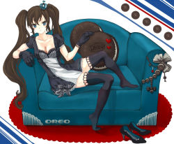 Rule 34 | 1girl, :&lt;, anko kinako, blue eyes, blue upholstery, bow, breasts, brown hair, cleavage, cookie, couch, crown, food, gloves, heart, high heels, highres, legs, long hair, oreo, original, product placement, shoes, sitting, solo, thighhighs, twintails