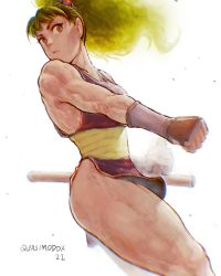 Rule 34 | 1girl, absurdres, ass, blonde hair, breasts, capcom, final fight, final fight 2, genryuusai maki, high ponytail, highres, long hair, muscular, muscular female, ninja, pelvic curtain, quasimodox, simple background, sleeveless, street fighter, thighs, weapon, white background, yellow eyes