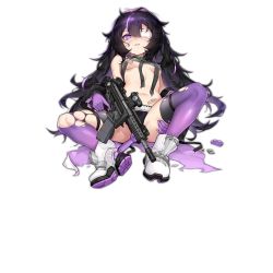 Rule 34 | 1girl, assault rifle, bandages, bandaid, bandaid on stomach, black hair, boots, breasts, carbine, damaged, eyepatch, folding stock, full body, girls&#039; frontline, gloves, gradient legwear, gun, hair between eyes, holding, holding gun, holding weapon, kac-pdw, kac-pdw (girls&#039; frontline), long hair, looking at viewer, multicolored hair, navel, official art, open mouth, personal defense weapon, purple eyes, purple gloves, purple hair, purple thighhighs, rifle, scope, shanyao jiang tororo, shoes, sitting, sleeveless, small breasts, sneakers, solo, stock (firearm), stomach, submachine gun, thighhighs, thighs, torn clothes, torn thighhighs, transparent background, trigger discipline, vertical forward grip, very long hair, weapon, white footwear