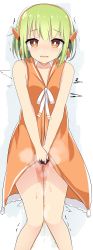 Rule 34 | 1girl, absurdres, bare shoulders, black panties, blush, chunithm, collarbone, embarrassed, female focus, green hair, have to pee, headphones, highres, knees together feet apart, looking at viewer, open mouth, orange eyes, own hands together, panties, peeing, peeing self, short hair, simple background, sky feather, solo, standing, steam, tears, trembling, underwear, v arms, wabomaiyabu, white background