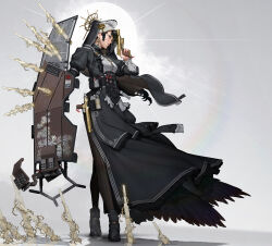 Rule 34 | 1girl, absurdres, black eyes, black hair, broken glass, from side, full body, glass, gun, habit, highres, holding, holding gun, holding shield, holding weapon, jinkwang, nun, original, shield, sideways glance, solo, weapon