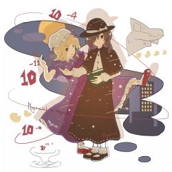 Rule 34 | album cover redraw, blonde hair, book, bow, brown eyes, brown hair, brown skirt, building, buttons, capelet, derivative work, dress, frilled dress, frills, hat, hat bow, holding, holding book, magical astronomy, maribel hearn, mob cap, moon, newspaper, night, one eye covered, open mouth, pointing, pointing up, purple dress, purple eyes, ribbon trim, shirt, skirt, smile, standing, standing on one leg, tokoroten (hmmuk), touhou, usami renko, white shirt