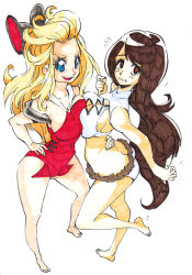 Rule 34 | 2girls, agnes oblige, arm around waist, ass, barefoot, between breasts, bikini, black hair, blonde hair, blue eyes, blush, bravely default: flying fairy, bravely default (series), breast press, breasts, brown eyes, butt crack, cleavage, edea lee, full body, hair ornament, hand on own hip, long hair, multiple girls, one-piece swimsuit, rafchu, red one-piece swimsuit, simple background, swimsuit, symmetrical docking, tankini, white one-piece swimsuit