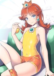Rule 34 | 1girl, alternate breast size, ball, bare arms, bare shoulders, bench, blue eyes, brown hair, collarbone, covered navel, crown, earrings, flat chest, jewelry, legs, long hair, looking at viewer, mario (series), nagase haruhito, nintendo, princess, princess daisy, shirt, shorts, sitting, sleeveless, sleeveless shirt, smile, solo, sportswear, super mario land, sweat, tennis ball, tennis court, tennis daisy, tennis uniform, tomboy