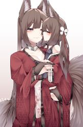 Rule 34 | 2girls, absurdres, age difference, amagi-chan (azur lane), amagi (azur lane), animal ear fluff, animal ears, azur lane, blush, breasts, bridal gauntlets, brown tail, carrying, carrying person, cherry blossoms, child, choker, closed eyes, closed mouth, collarbone, commentary, dated commentary, dual persona, fox ears, gloves, gradient background, hair ornament, hand on another&#039;s shoulder, highres, holding, interlocked fingers, japanese clothes, kimono, kiss, kissing cheek, kitsune, kyuubi, light brown background, long hair, looking at another, medium breasts, multiple girls, multiple tails, one eye closed, onee-loli, purple eyes, red kimono, samip, selfcest, short hair, size difference, standing, tail, very long hair, white background, yuri