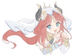 Rule 34 | 1girl, blue eyes, blush, breasts, cropped torso, detached sleeves, genshin impact, harem outfit, heart, heart hands, horns, jewelry, long hair, looking at viewer, medium breasts, nilou (genshin impact), open mouth, red hair, shirase (shirose), simple background, solo, upper body, veil, very long hair, white background