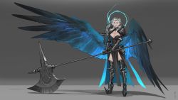 Rule 34 | 1girl, absurdres, armored boots, axe, battle axe, belt, blue eyes, blue wings, boots, braid, breasts, commentary, commission, english commentary, feathered wings, full body, gauntlets, grey background, grin, highres, huge weapon, large breasts, less, long hair, looking at viewer, original, pelvic curtain, silver hair, simple background, smile, solo, standing, weapon, wings