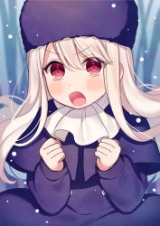 Rule 34 | 1girl, blurry, blurry background, blush, capelet, clenched hands, depth of field, dress, fate/stay night, fate (series), fur hat, hair between eyes, hands up, hat, illyasviel von einzbern, karokuchitose, light brown hair, long hair, long sleeves, looking at viewer, open mouth, papakha, purple capelet, purple dress, purple hat, red eyes, snow, solo, v-shaped eyebrows, white neckwear