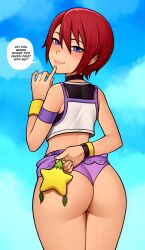 Rule 34 | 1boy, 1girl, blue sky, crop top, finger to mouth, food, from behind, fruit, highres, holding, holding food, holding fruit, kairi (kingdom hearts), kingdom hearts, kingdom hearts i, legs together, loodncrood, looking at viewer, looking back, panties, paopu fruit, presenting, purple eyes, purple panties, purple skirt, red hair, short hair, skirt, sky, sleeveless, speech bubble, thighs, underwear, wristband