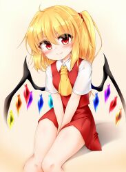 Rule 34 | 1girl, ahoge, ascot, blonde hair, blush, breasts, fang, fang out, flandre scarlet, hair between eyes, hands on lap, highres, knees together feet apart, light smile, looking at viewer, marukyuu ameya, medium hair, no headwear, red eyes, sitting, skin fang, skirt, skirt set, small breasts, solo, thighs, touhou, v arms, wings
