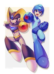 Rule 34 | 2boys, absurdres, aiming, aiming at viewer, android, angry, arm cannon, artist name, bass (mega man), black footwear, black headwear, blue bodysuit, blue eyes, blue footwear, blue headwear, blurry, bodysuit, boots, border, clenched hands, clenched teeth, commentary, dated, depth of field, drop shadow, full body, grey background, grey bodysuit, helmet, highres, looking at viewer, male focus, mega man (character), mega man (classic), mega man (series), multiple boys, open mouth, outside border, red eyes, serious, teeth, twitter username, upper teeth only, v-shaped eyebrows, weapon, white border, zero-go
