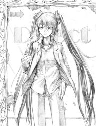 Rule 34 | 1girl, bad id, bad pixiv id, cigarette, formal, graphite (medium), greyscale, hatsune miku, kuyama516, long hair, monochrome, pant suit, pants, shirt, solo, suit, traditional media, twintails, vocaloid