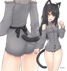 Rule 34 | 1girl, animal ears, ass, black hair, black neckwear, blush, breasts, cat ears, cat tail, commentary request, dan (kumadan), fang, frills, from behind, hair ornament, hairclip, highres, long hair, long sleeves, looking at viewer, multiple views, open mouth, original, simple background, smile, tail, thigh gap, white background, yellow eyes